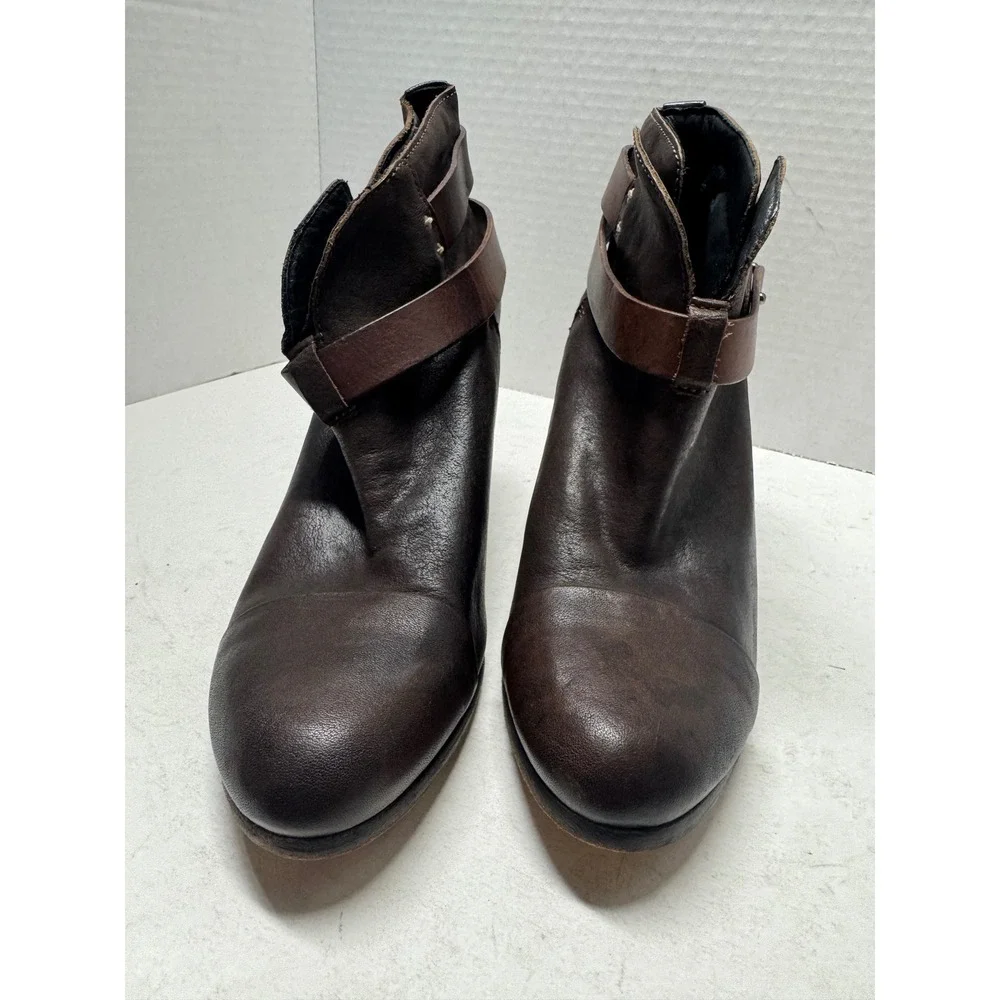 Rag & Bone Harrow Dark Brown Leather Wrap Strap Block Heel Ankle Boots Size 39 9